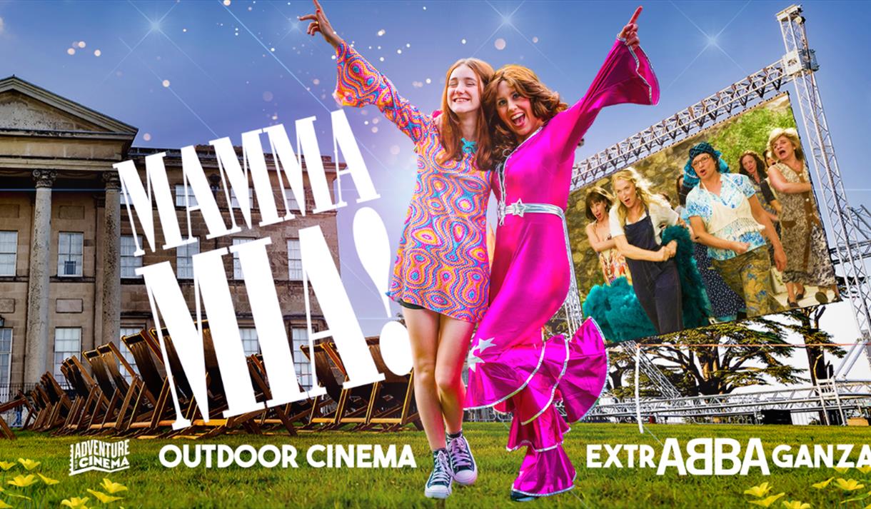 Graphic for the event including Hardwick Hall in the background, two event goers dressed like ABBA and an outdoor cinema screen showing a still from M