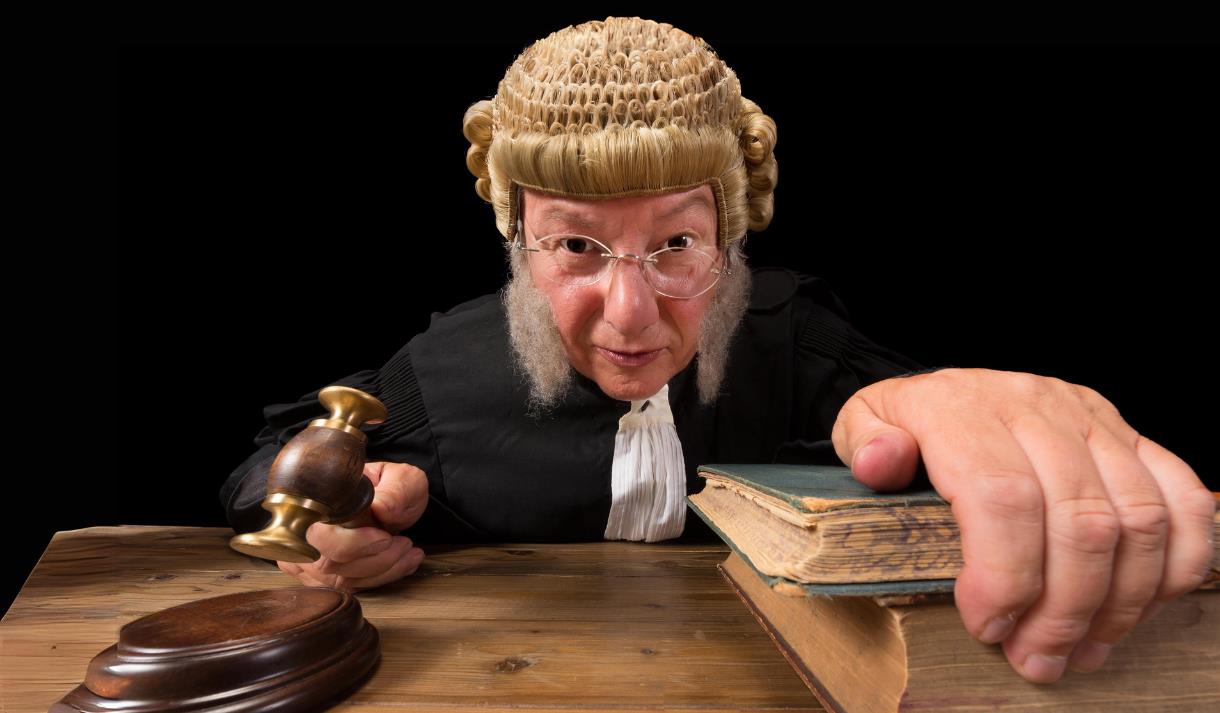Photo of a person dressed as a judge leaning over their desk, gavel in hand, looking straight into the camera.