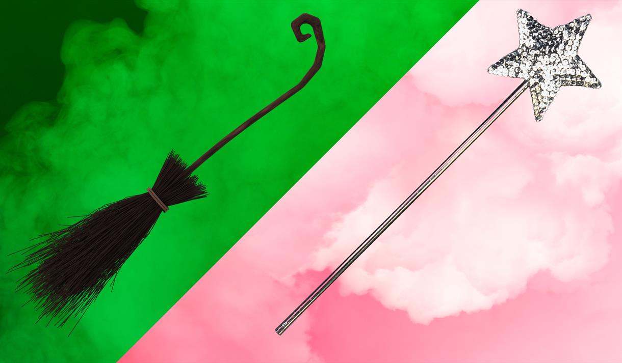 Image divided into two with witch's broom on left and a wand on the right.