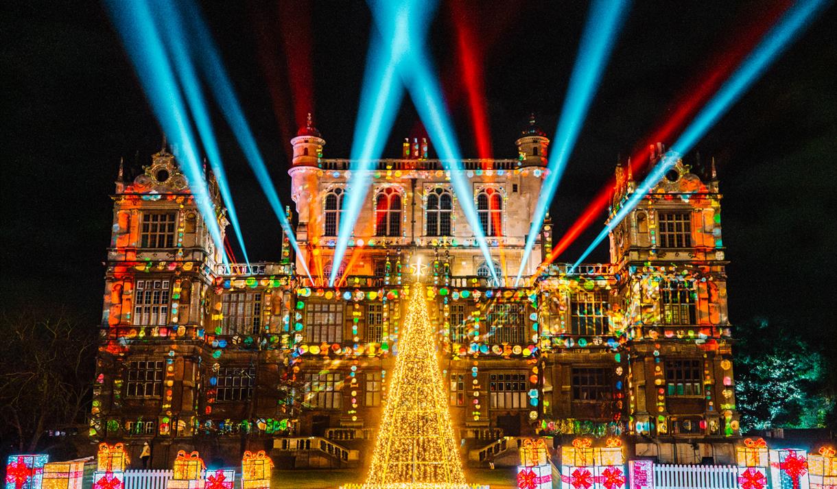 Wollaton Hall lit up in festive lights