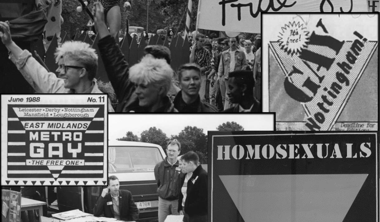 A collage graphic including psoters and photographs of Pride marches. Black and white.