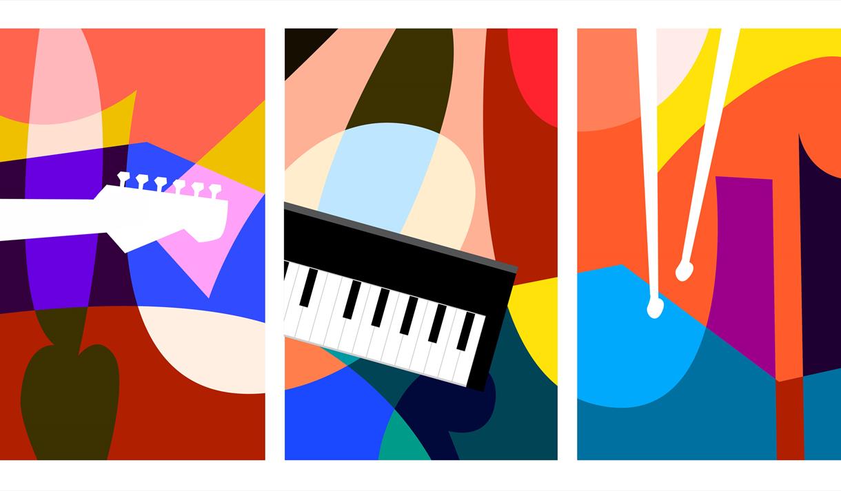 Cartoon graphic of jazz instruments