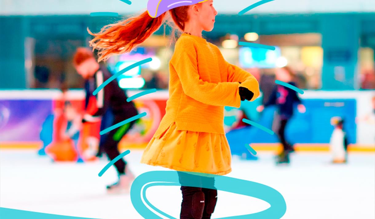 Photo of a young girl ice skating with a graphic of a cowboy hat overlayed
