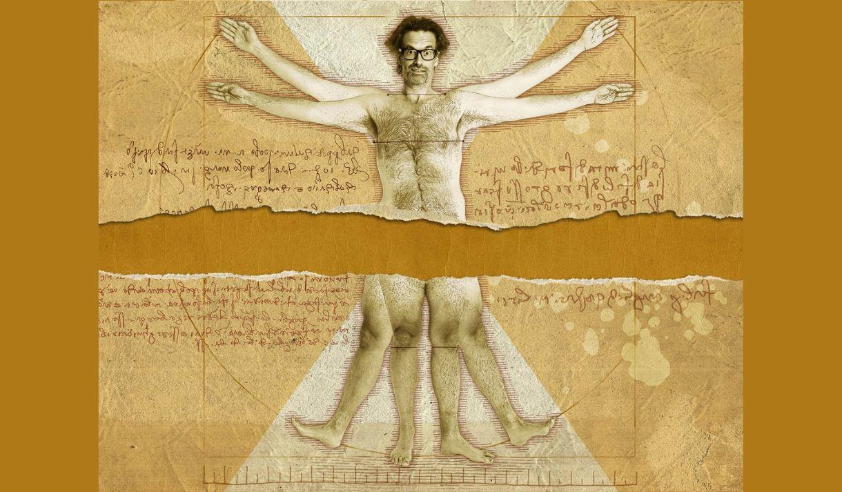 Marcus Brigstocke is depicted as Vitruvian Man