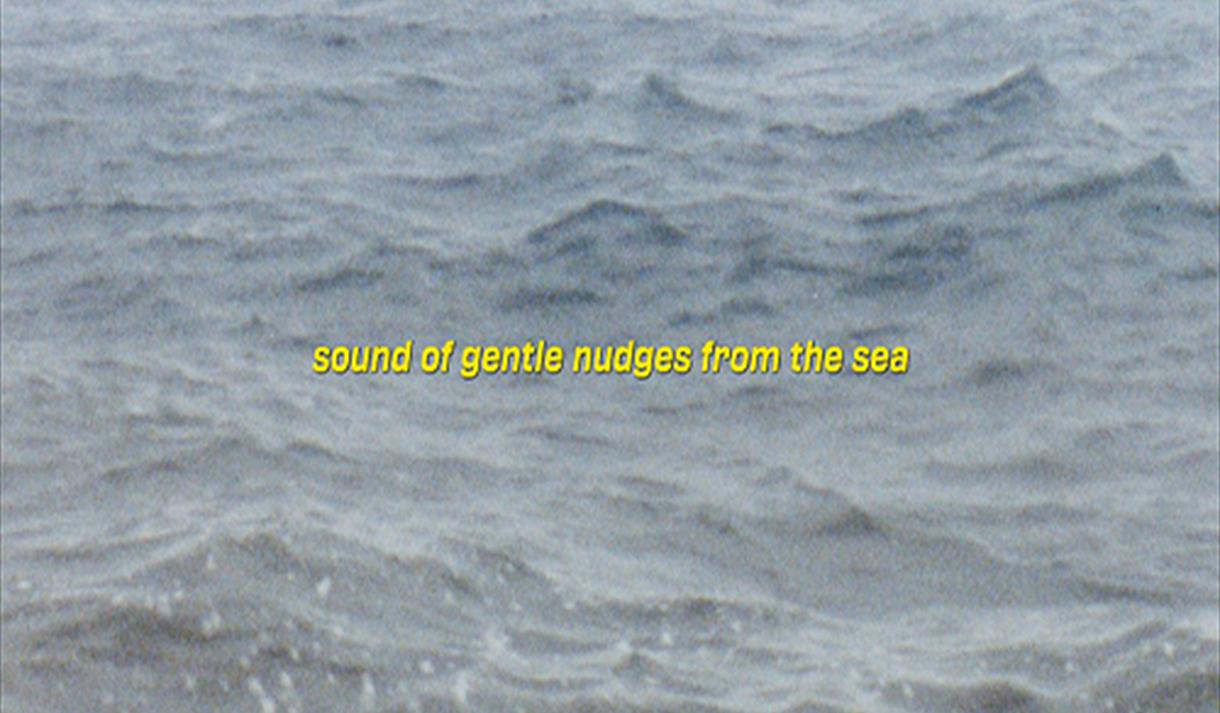 Photo of the sea with yellow text over it. it reads: sound of gentle nudges from the sea