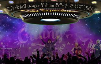 A large electric light photoshopped over an image of a stage