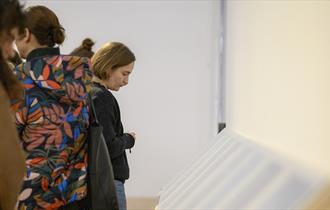 woman looking at an art exhibition