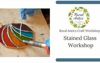 Graphic for the workshop including the title for the workshop and a photo of a stained glass craft being made.