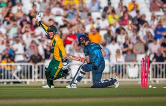 Photo of a cricket match showing two players mid-action