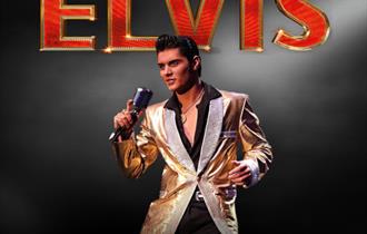 Emilio Santoro as Elvis on stage with microphone in hand