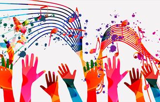 Cartoon graphic showing raised hands and music notes flying through the ait