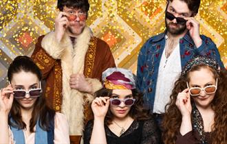 Event poster with five people wearing colourful clothing and sunglasses