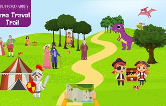 Cartoon style image showing various historical characters within Rufford Park.