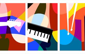 Cartoon graphic of jazz instruments