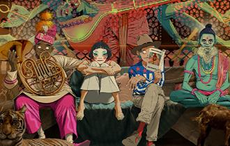 Artwork featuring the four virtual members of the band Gorillaz