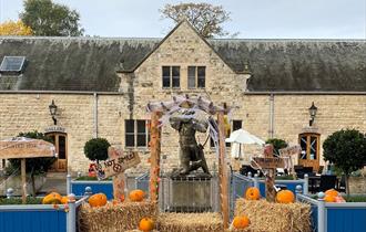 Photo of Thoresby Park with pumpkins in the courtyard