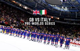 Great Britain Ice Hockey players line up on the blue line