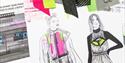 drawn fashion designs with fabric swatches in pink, green and black