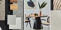 an image of a table and chairs next to other materials samples in the form of a mood board