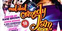 Poster for the event including floating heads of the comedians and text with the information about the show.