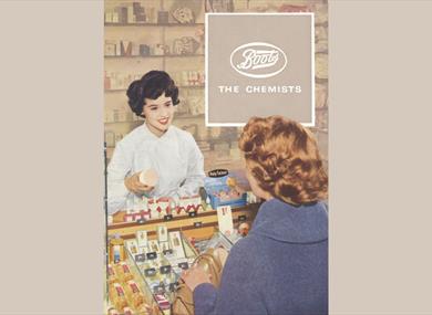 Archival poster of a Boots worker behind a counter.