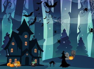 Cartoon graphic of a witch in a spooky forest approaching a haunted house