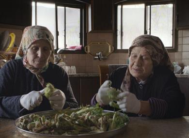 Photo of a still from the film, showing two women preparing vegetables at a kitchen table