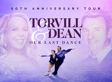 Graphic featring a photo of Torvill & Dean on the ice perfroming the Bolero