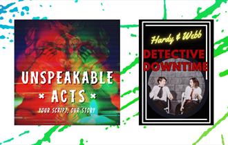Graphic for the event including posters for 'Unspeakable Acts' and 'Hardy & Webb Detective Downtime'