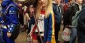 A cosplayer dressed as Harley Quinn