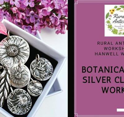 Graphic for the workshop including the name of the event and a photo of some botanical metalwork.