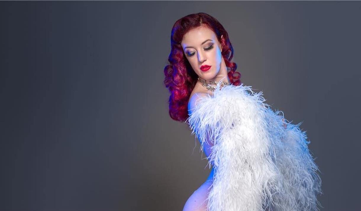 Photo of burlesque perfromer wrapped in a feather boa