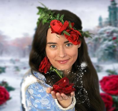 Image of a woman handing a rose to the viewer. In the background, there is a soft snowfall covering a beautiful garden,
