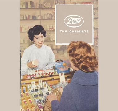 Archival poster of a Boots worker behind a counter.