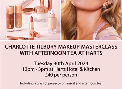 Poster for the event including photos of Charlotte Tilbury products.
