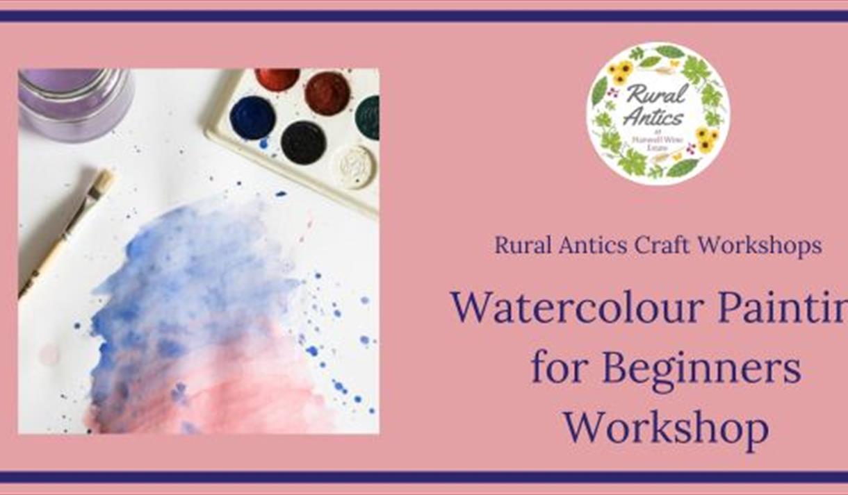 The image shows a pink rectangle outlined in blue with a rural antics circular logo on the right and a square image of some paint, a paintbrush and a The image shows a pink rectangle outlined in blue with a rural antics circular logo on the right and a square image of some paint, a paintbrush and a
