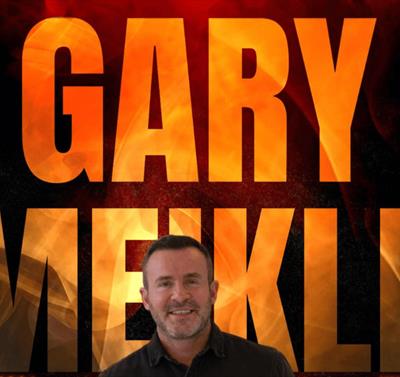 Graphic including Gary Meikle's name in large letters, and a cut out of the comedian standing in front of them