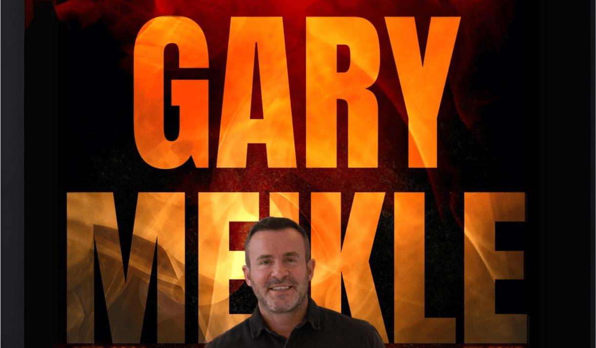 Graphic including Gary Meikle's name in large letters, and a cut out of the comedian standing in front of them