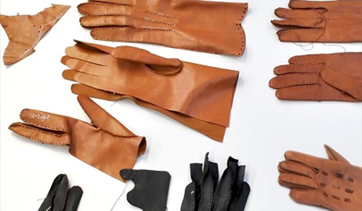 The image shows a variety of different sizes of leather gloves in coulors of black, light brown and dark brown