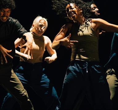 Photo of a dance troupe on stage, in action.