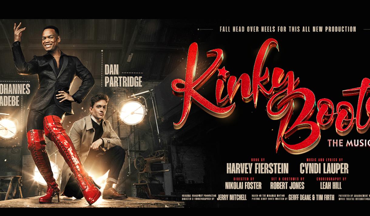 Logo image of Kinky Boots with two of the performance's actors at the side.