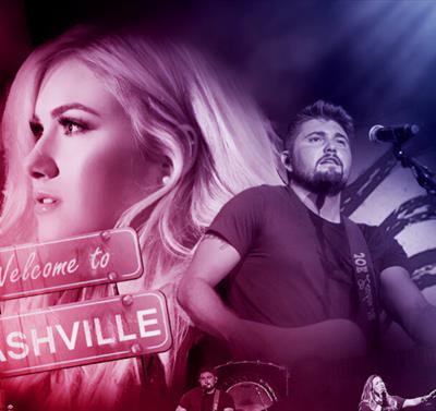 Graphic with a woman and a man featuring in front of an American flag, wit a 'Welcome to Nashville' sign