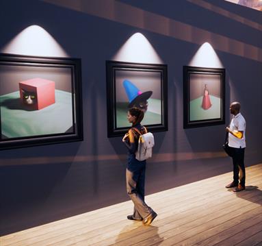 The image shows two people looking at three paintings on the wall. 