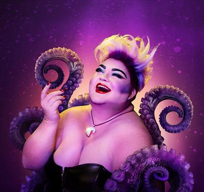 The image shows Ursula the sea witch, a large purple octopus in a black dress with black and purple tentacles around her