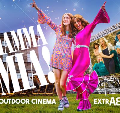 Graphic for the event including Hardwick Hall in the background, two event goers dressed like ABBA and an outdoor cinema screen showing a still from M