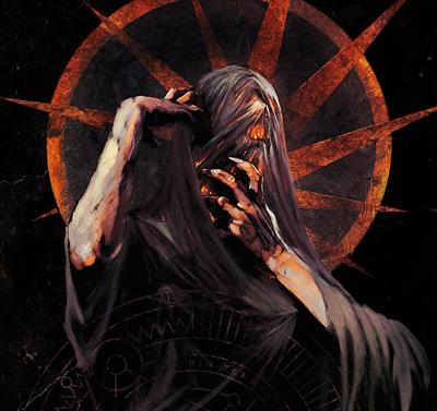 Graphic showing a cloaked figure clutching their face in front of a spiked circle