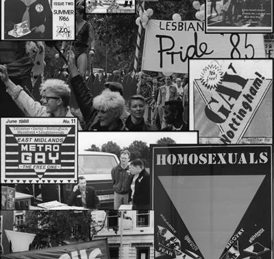 A collage graphic including psoters and photographs of Pride marches. Black and white.