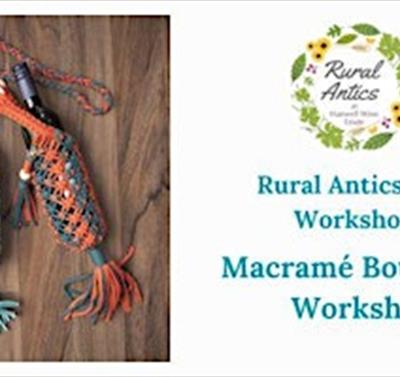 A graphic for the event showing the name of the workshop and a photo of a macrame bottle bag.