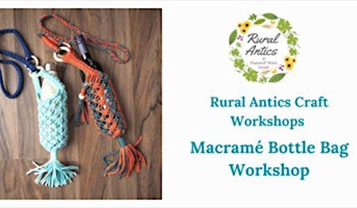 A graphic for the event showing the name of the workshop and a photo of a macrame bottle bag.