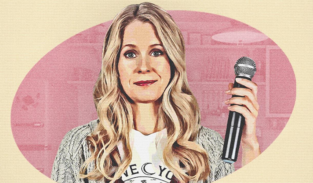 Graphic of Lucy Beaumont holding a microphone, looking at the camera